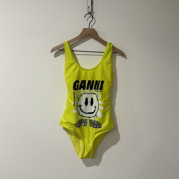 NEW • Ganni • Women's blazing Yellow Recycled Graphic One-Piece Swimsuit Love - Picture 5 of 6